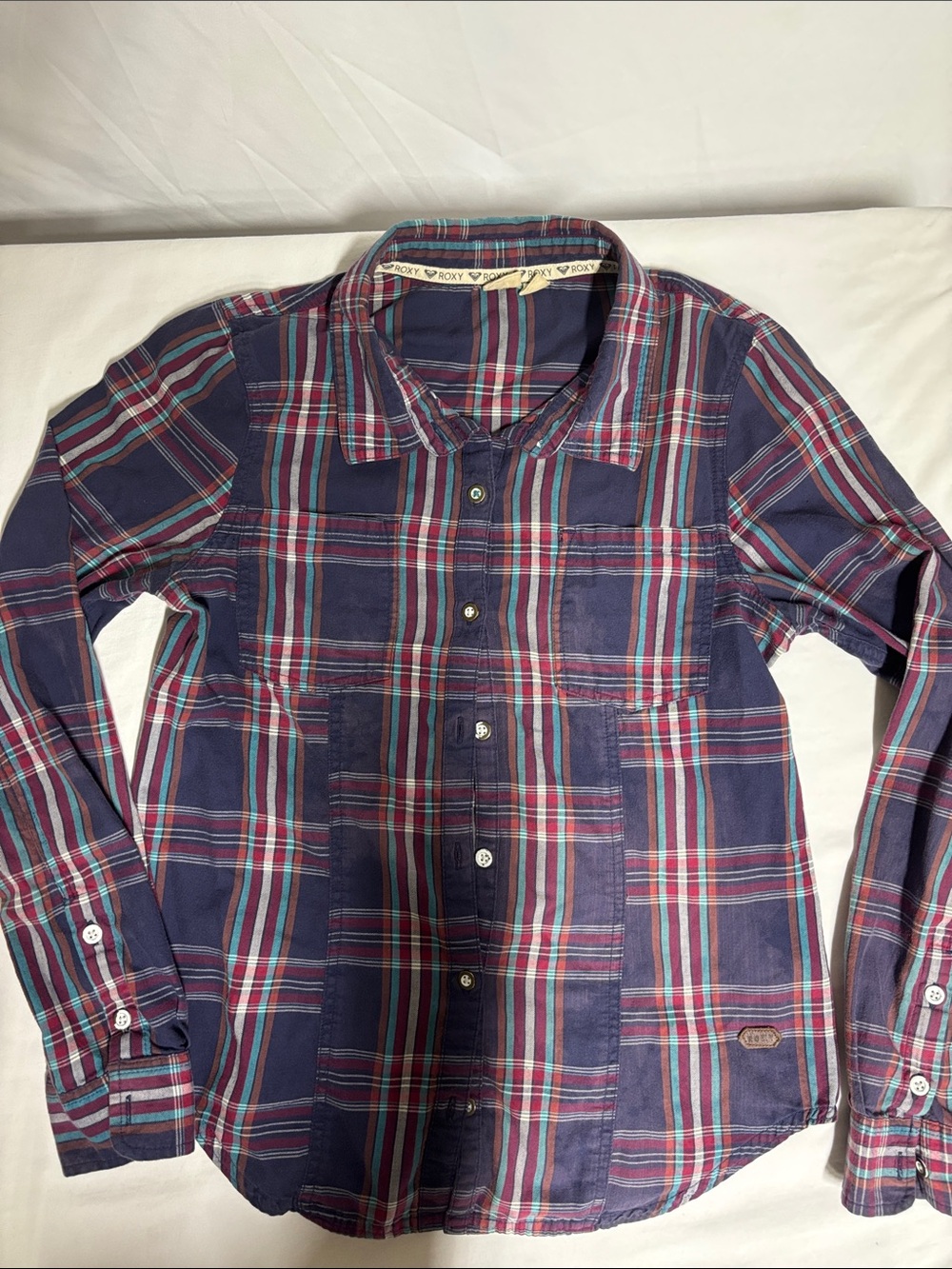 Roxy Women’s Navy Plaid Button-Down Shirt with Red and Teal Stripes
